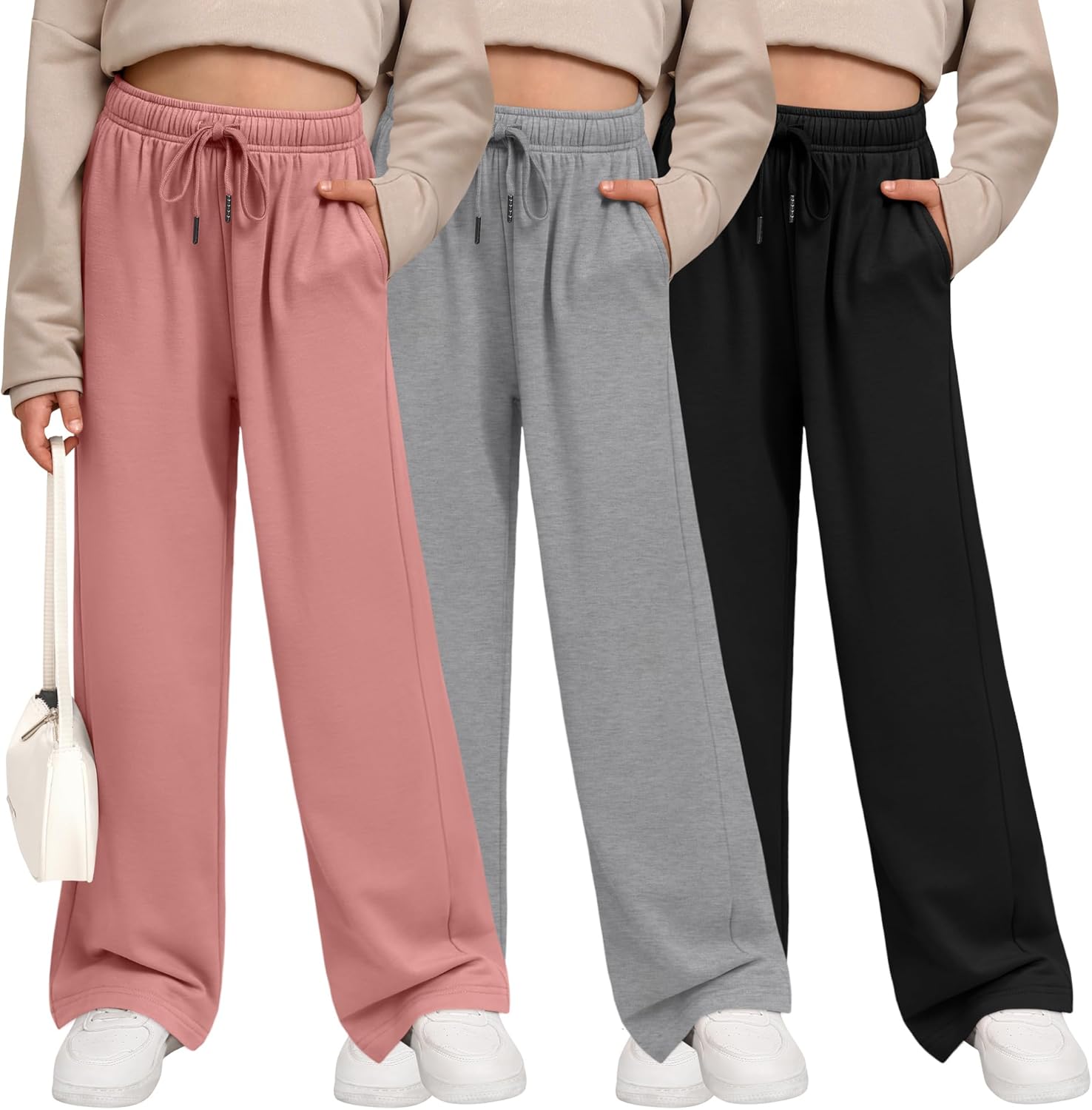 3 Pack Girls' Sweatpants Wide Leg Casual Joggers with Pockets