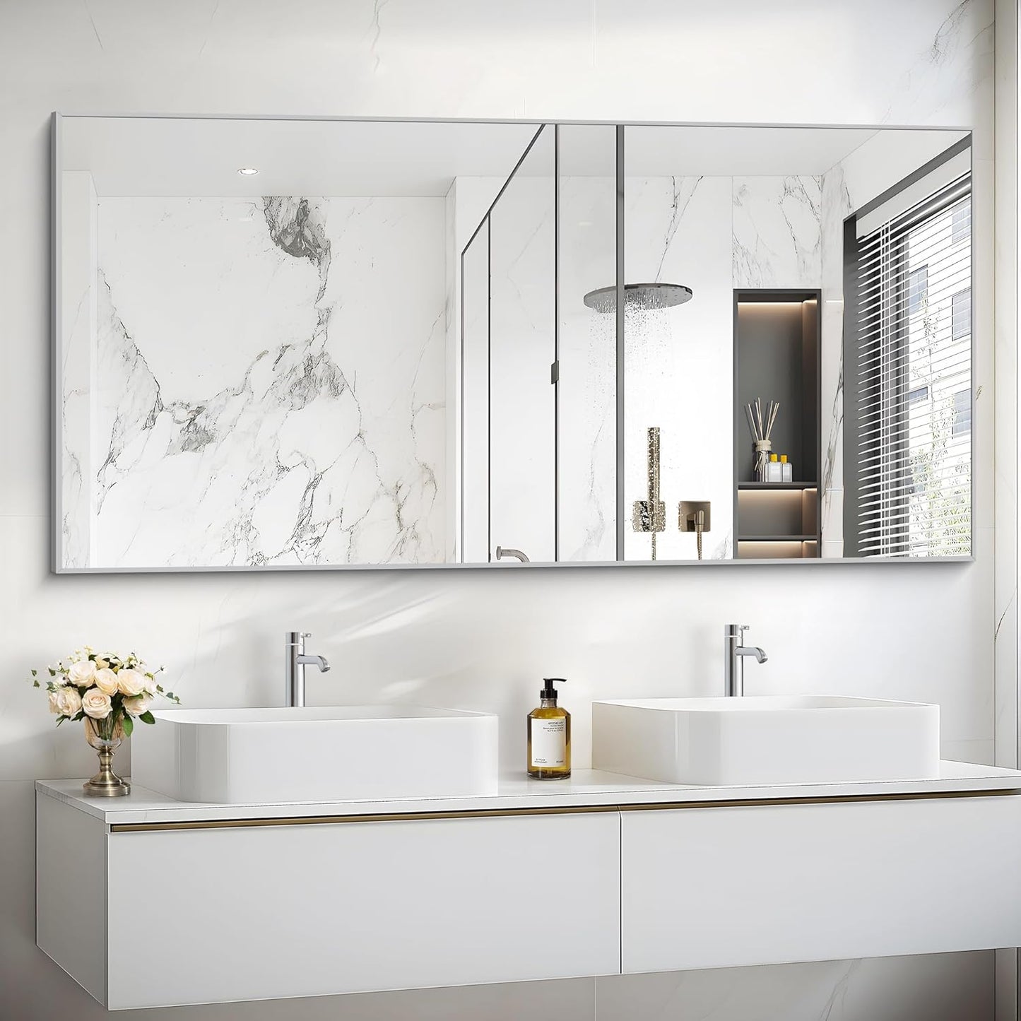 30x55In Silver Bathroom Mirror with Brushed Nickel Frame