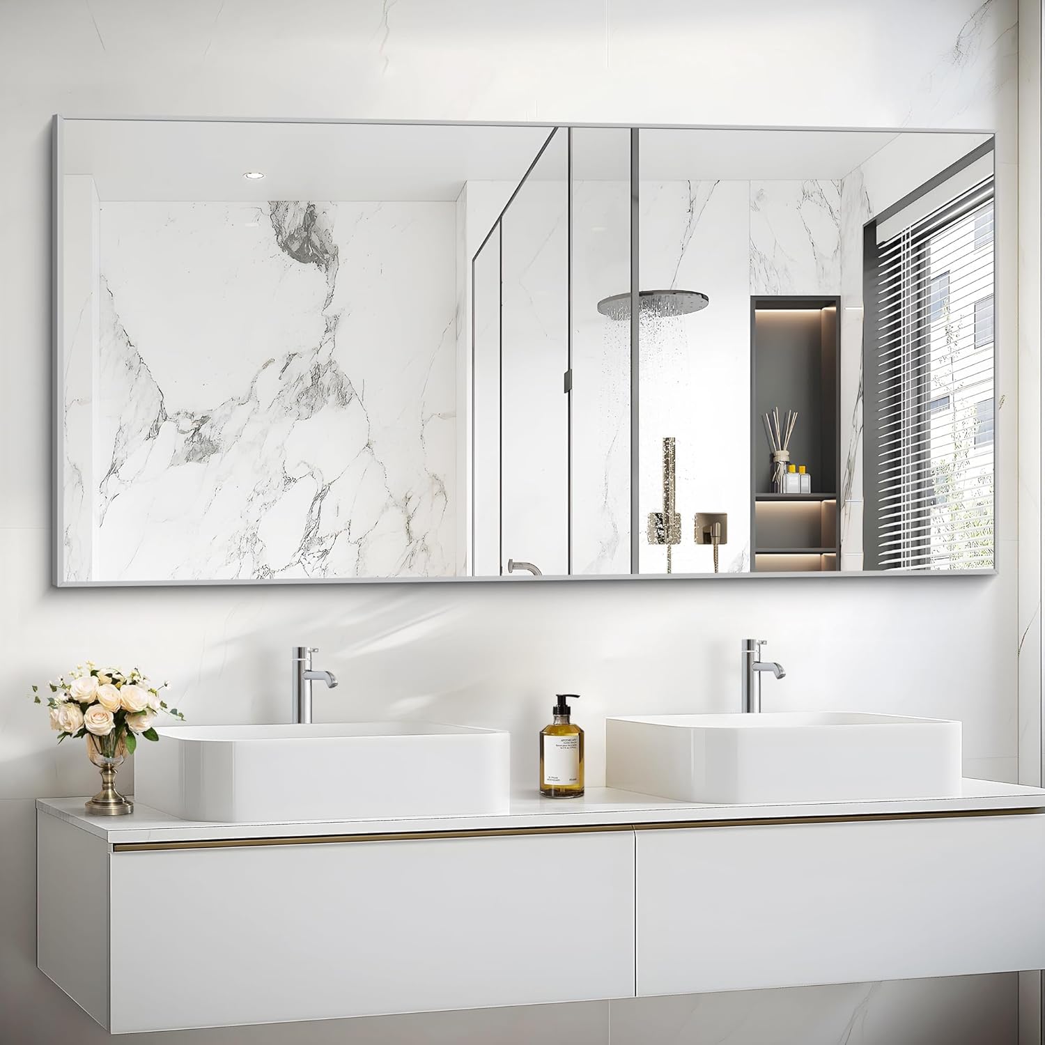30x55In Silver Bathroom Mirror with Brushed Nickel Frame