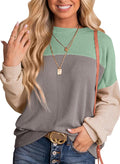 Color Block Long Sleeve Crewneck Knitted Pullover - Casual Loose Fit
