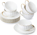 Elegant BTaT White Tea Cups and Saucers Set of 6 with Gold Trim