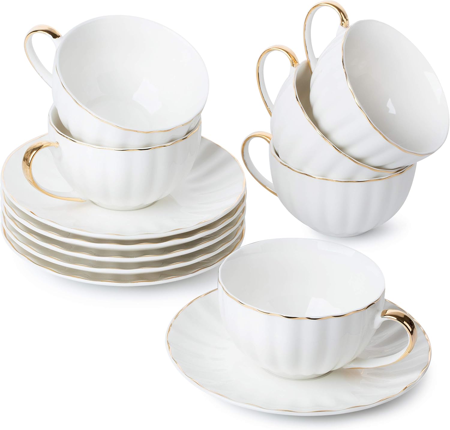 Elegant BTaT White Tea Cups and Saucers Set of 6 with Gold Trim