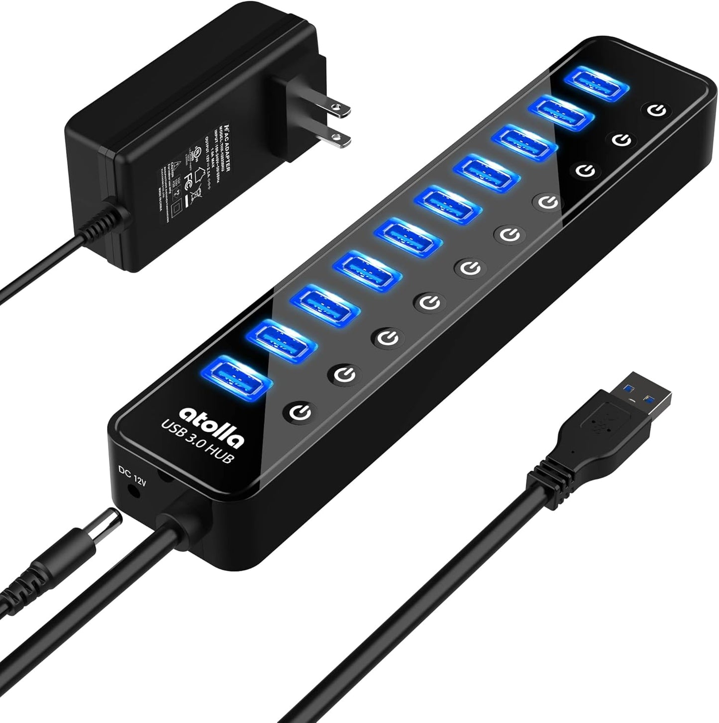 Powered USB 3.0 Hub with 10 Ports and Individual Switches
