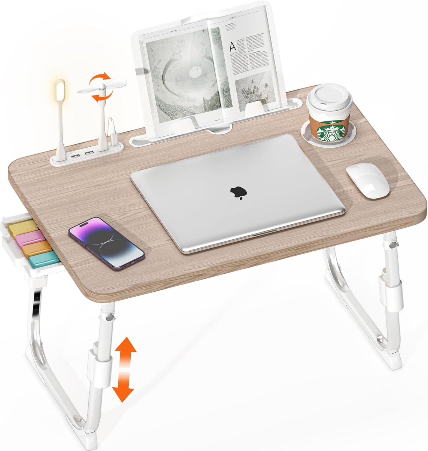 Height Adjustable Laptop Desk for Bed with USB and Storage