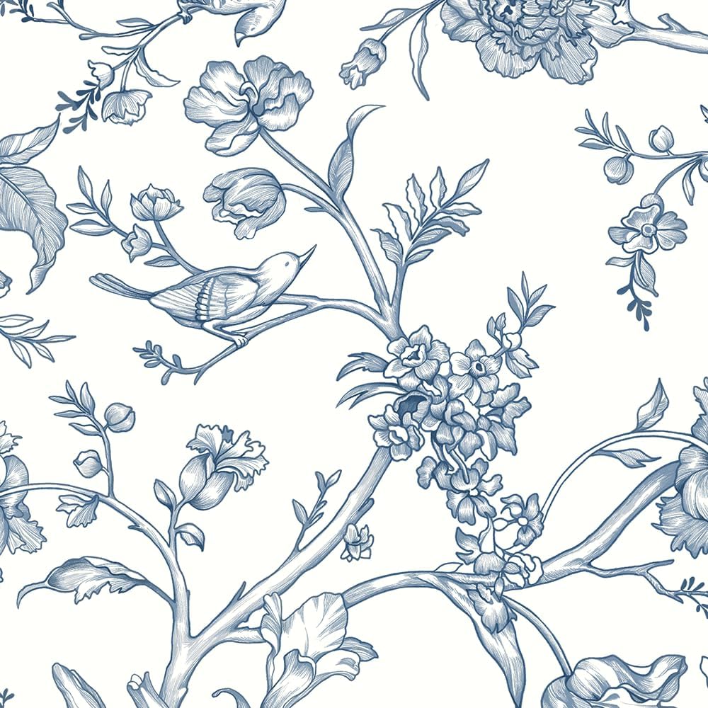 Floral Birds Blue and White Peel and Stick Wallpaper for Home