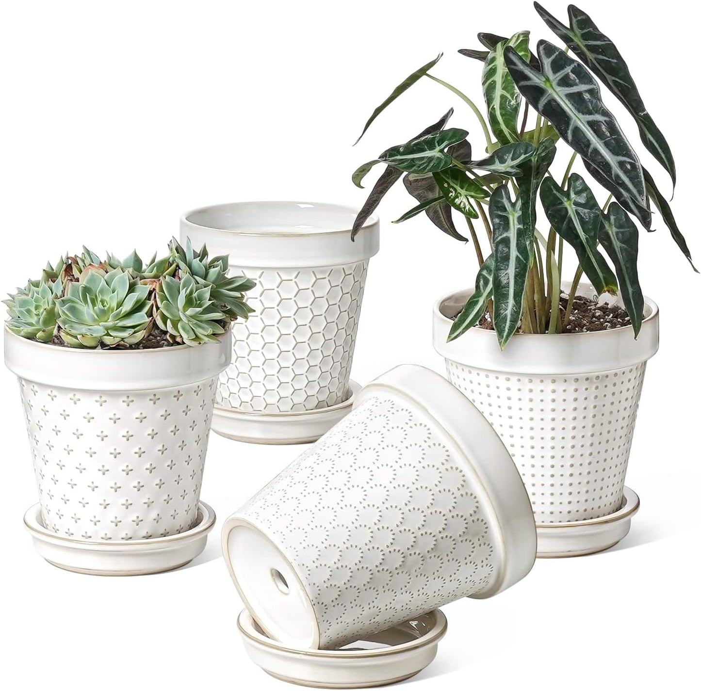 LE TAUCI 6 Inch Ceramic Plant Pots with Drainage Hole & Saucer
