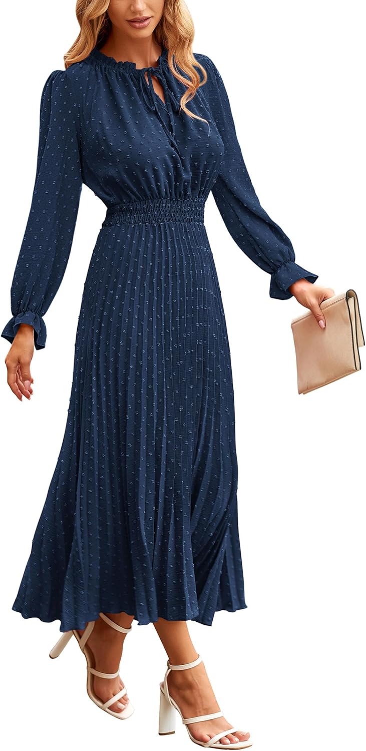 PRETTYGARDEN Women's Midi Dress: Elegant Long Sleeve V Neck