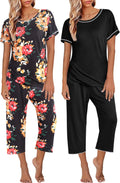 Womens 2-Pack Floral Pajama Sets - Short Sleeve Tops & Capri PJs