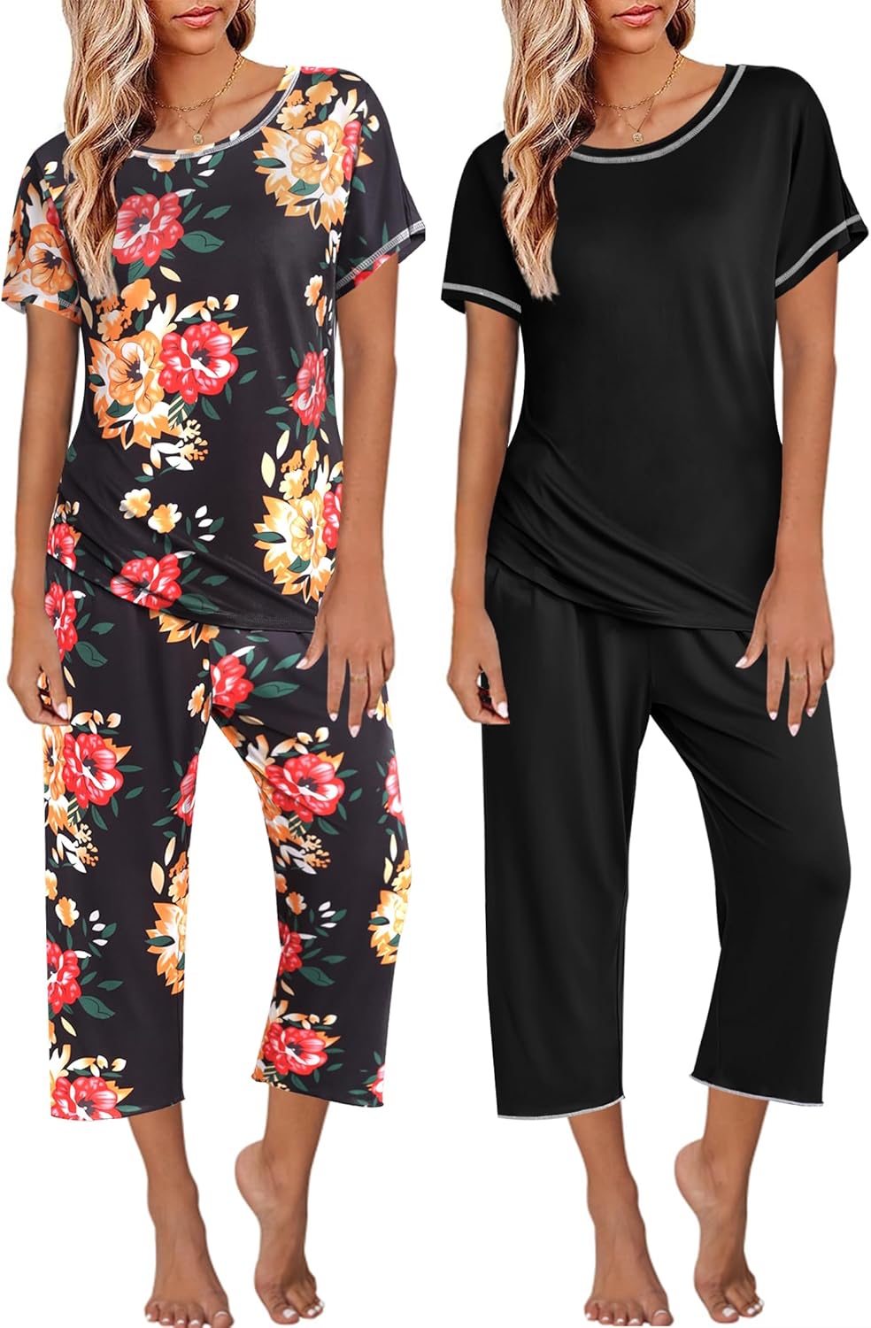 Ekouaer 2 Pack Womens Pajamas Short Sleeve Sleepwear Sets
