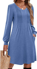 Zeagoo Fall Dresses for Women Long Sleeve Casual Pleated V Neck Dress