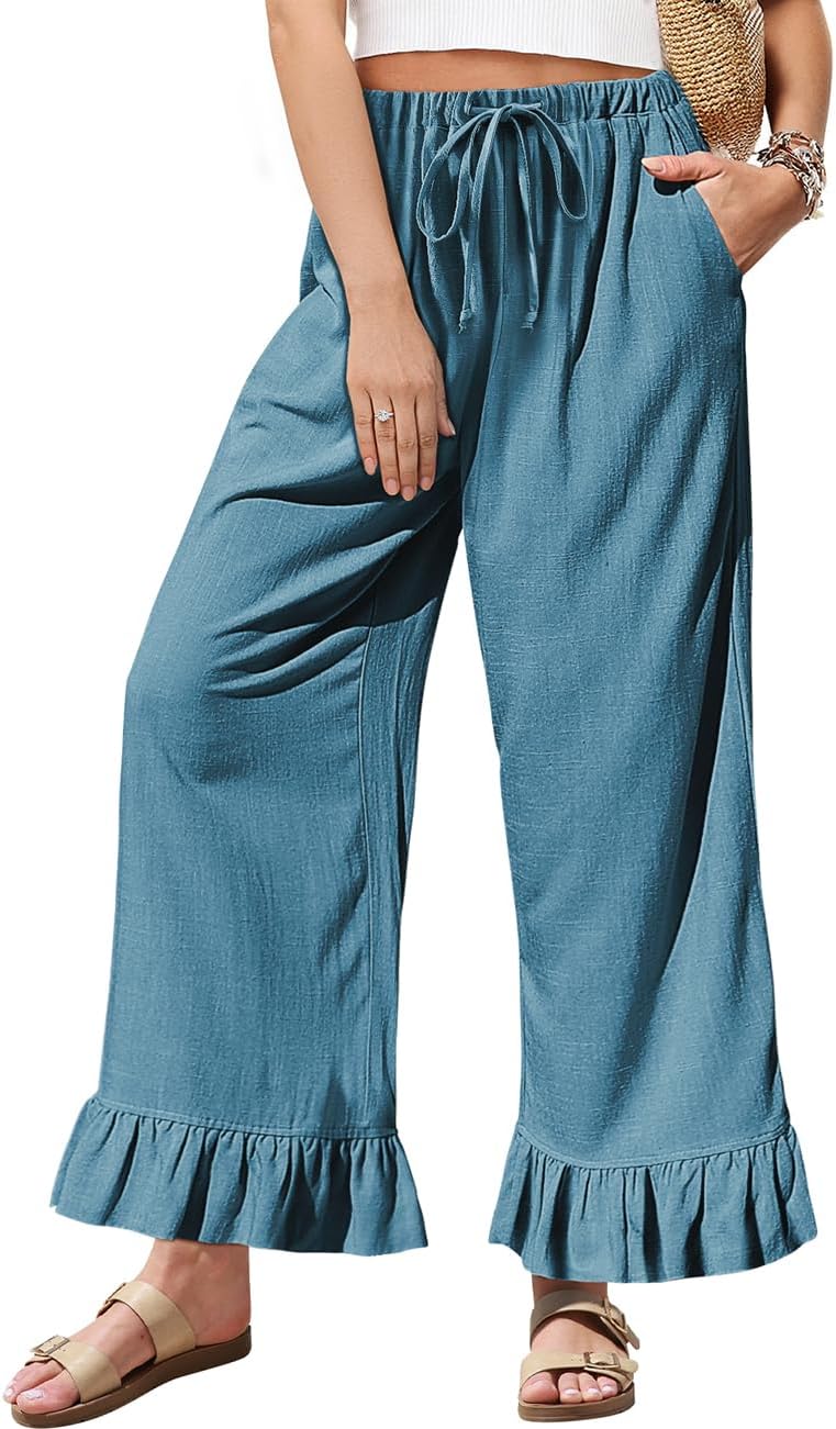 Linen Casual Pants for Women with Ruffle Hem and Pockets