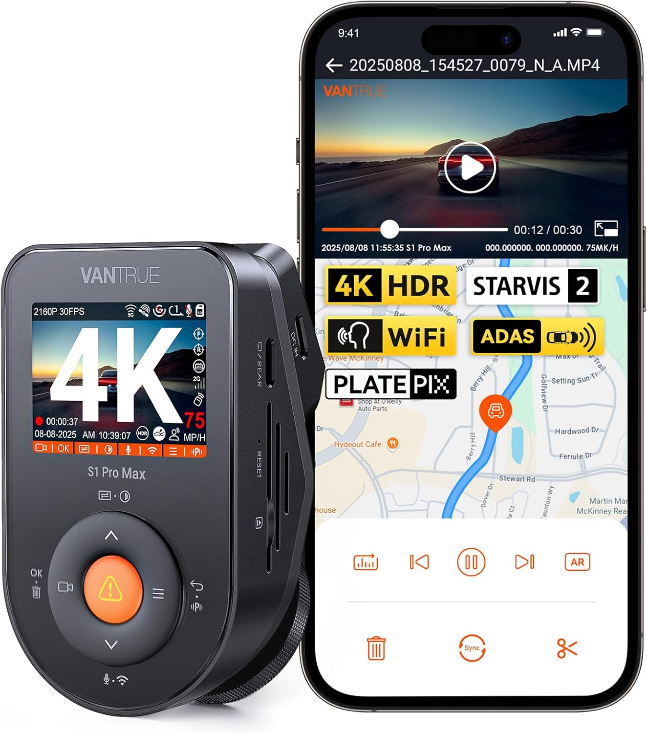 Vantrue S1 Pro Max AI 4K Dash Cam with Night Vision & GPS