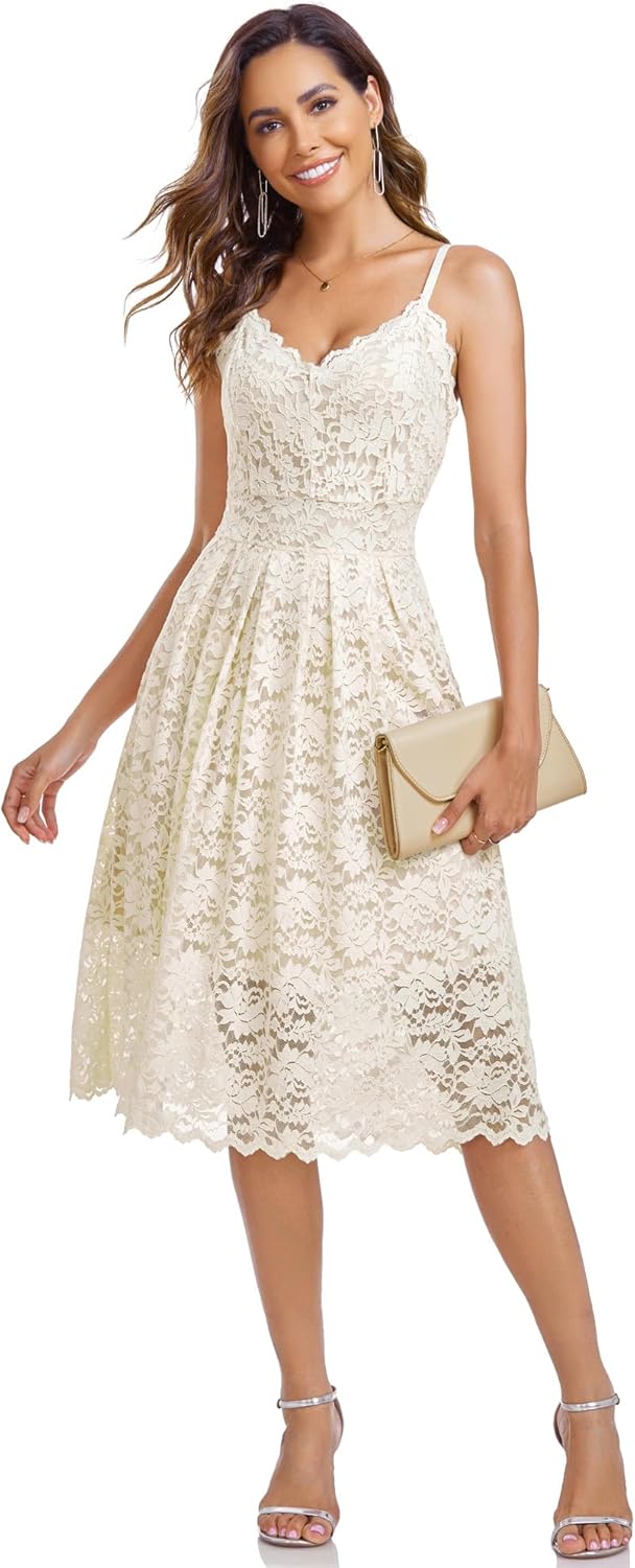 Atnlewhi Womens Spaghetti Strap V Neck A Line Lace Dress
