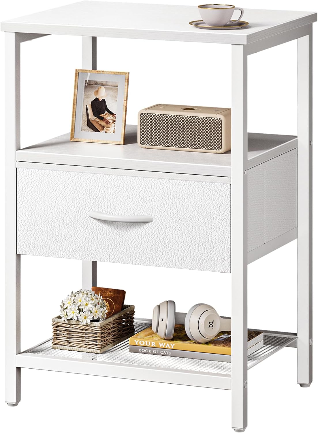 Huuger Night Stand with Fabric Drawer and Mesh Shelf Design