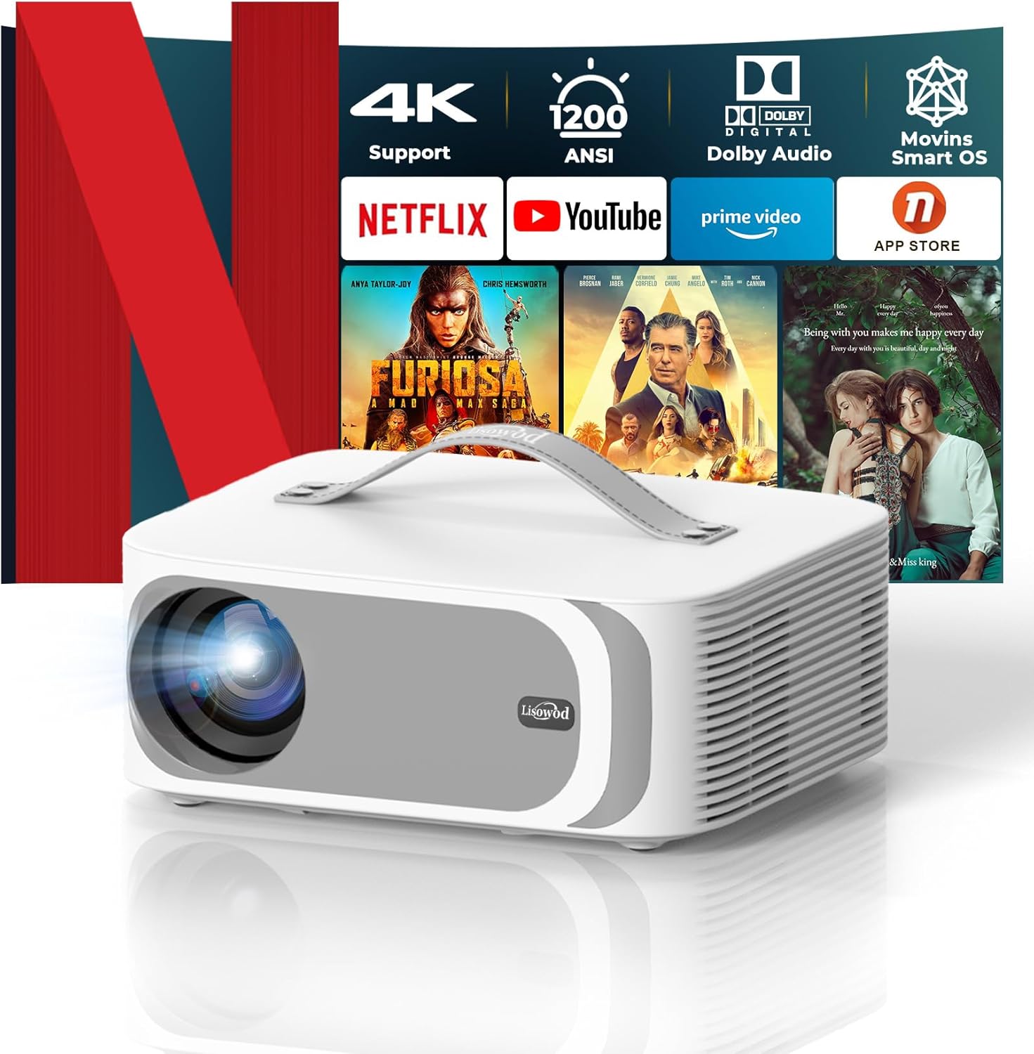 Portable 4K Projector: AI Movin System, WiFi 6, Netflix, HDR10+