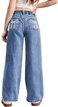 Girl's Bow Print Wide Leg High Waist Denim Pants - Casual Fold