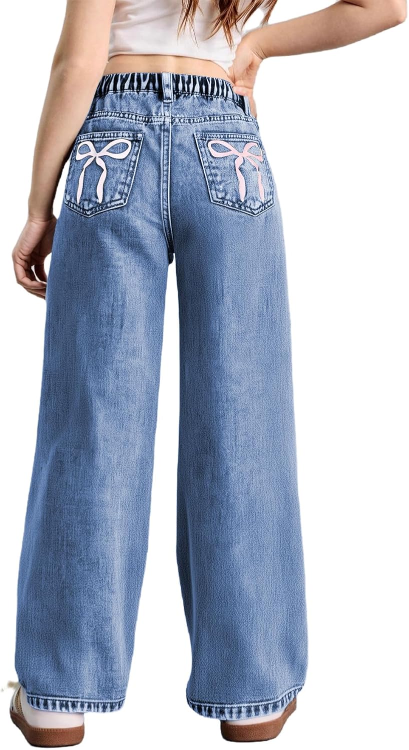 WDIRARA Girl's Bow Print High Waist Denim Pants for Stylish Look