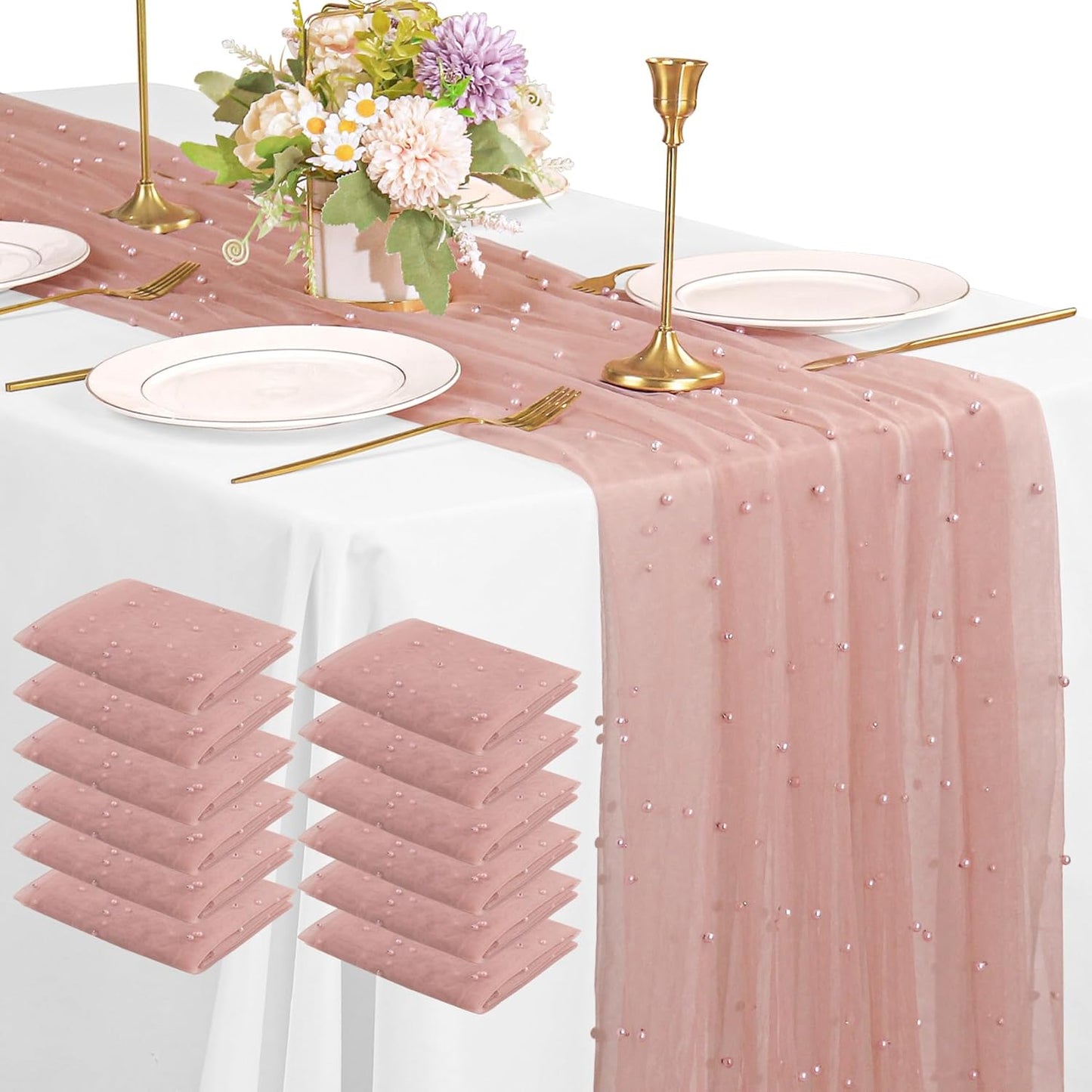 Elegant 12 Pack 10FT Dusty Pink Pearl Table Runners for Events