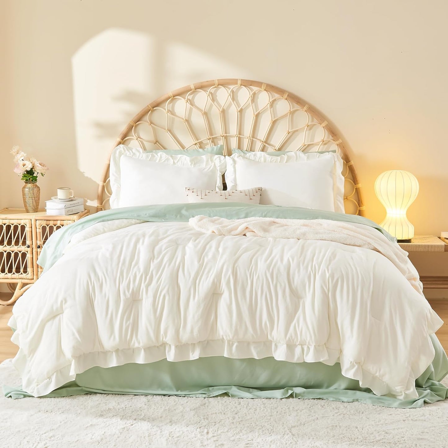 Litanika Queen Comforter Set Ivory with Ruffle Trim for Charm