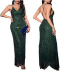 Women's V Neck Sequin Spaghetti Strap Maxi Dress - Sparkly Evening
