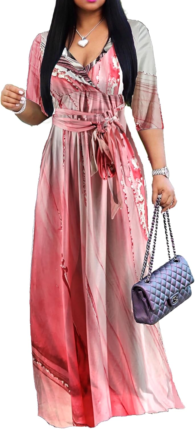 Stylish Women's Casual Sexy V Neck 3/4 Sleeves Maxi Dress