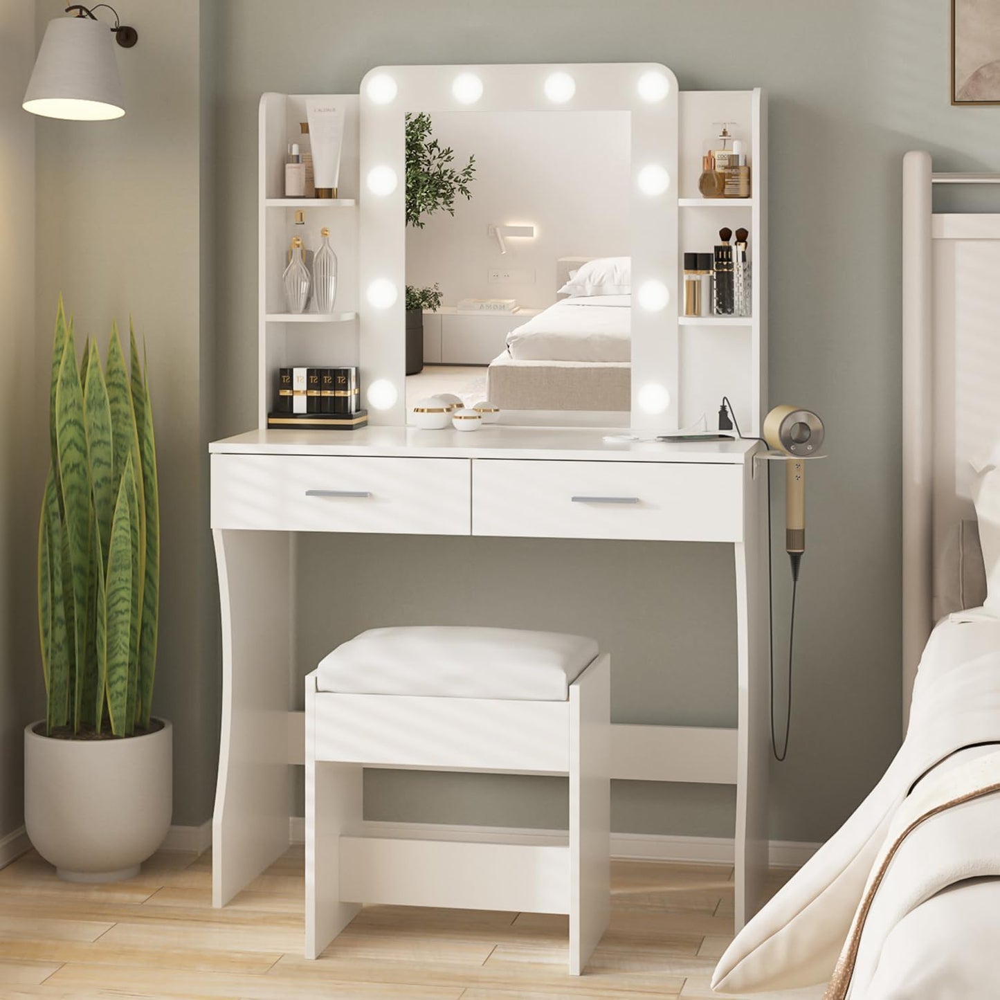 Vabches Vanity Desk with Lights and Adjustable Mirror for Makeup