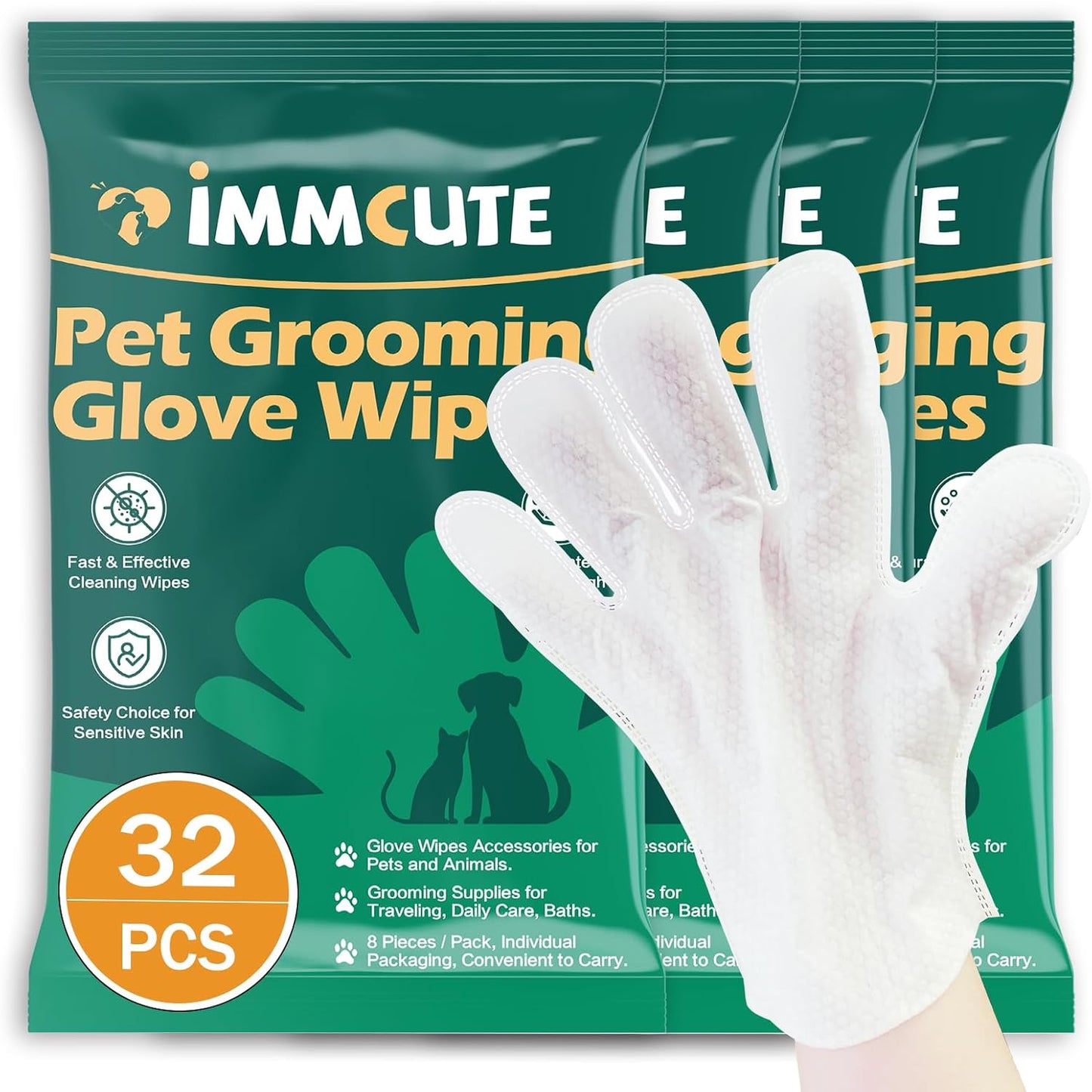 IMMCUTE Pet Bathing Gloves, 32 PCS Thick Wipes - Daily & Travel Care