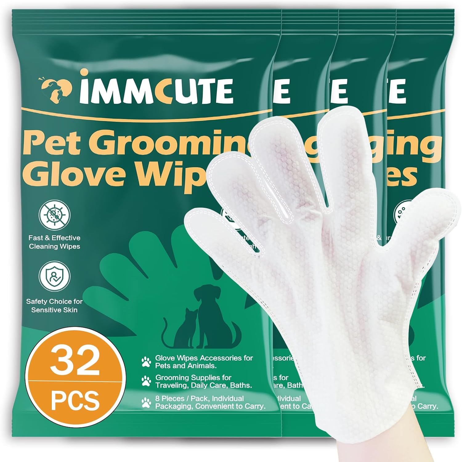 IMMCUTE Pet Bathing Gloves, 32 PCS Thick Wipes - Daily & Travel Care