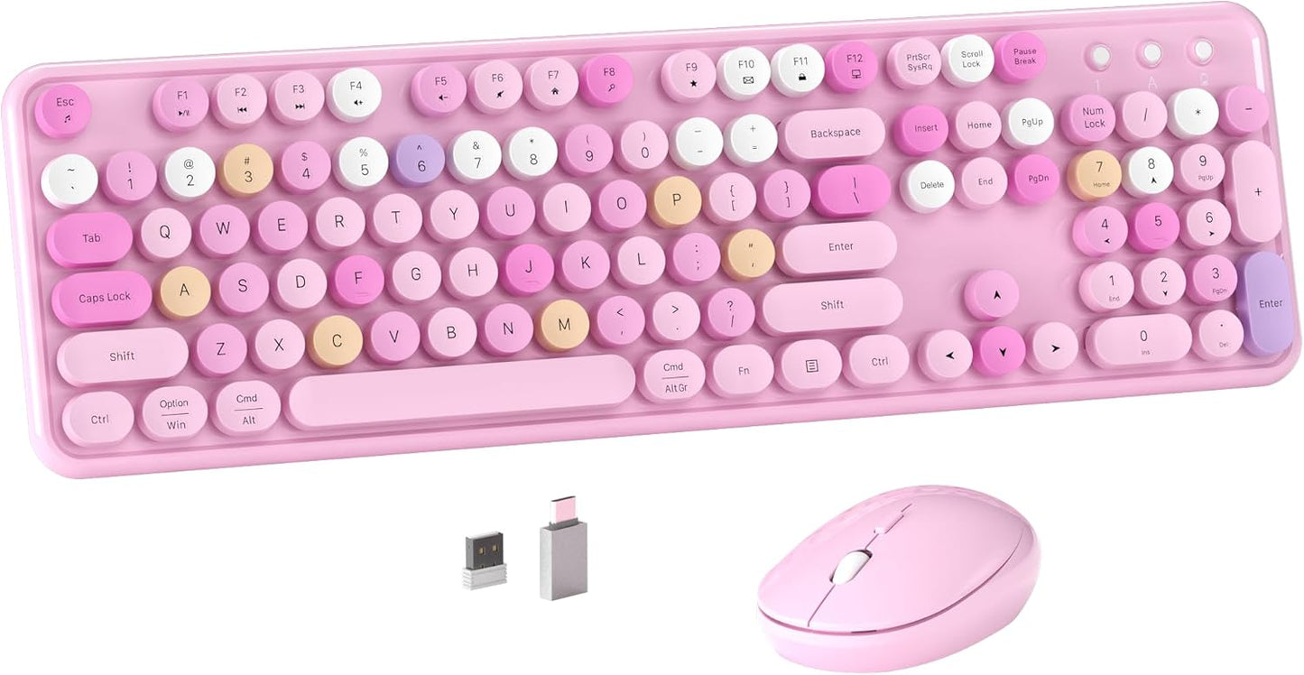 Retro Wireless Keyboard & Mouse Set, Ergonomic Design, 2.4GHz, Pink