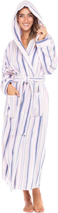 Lavender Striped Womens Robe - Long Plush Hooded Bathrobe