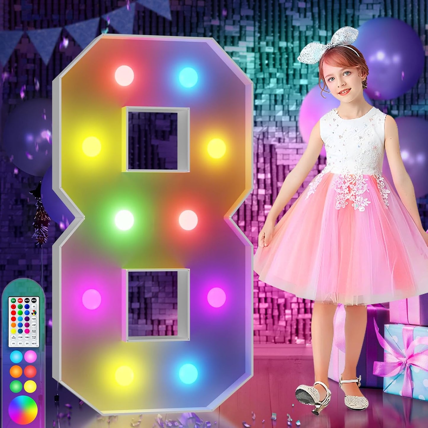 Colorful Marquee Number 8 with Remote for Birthday Decor