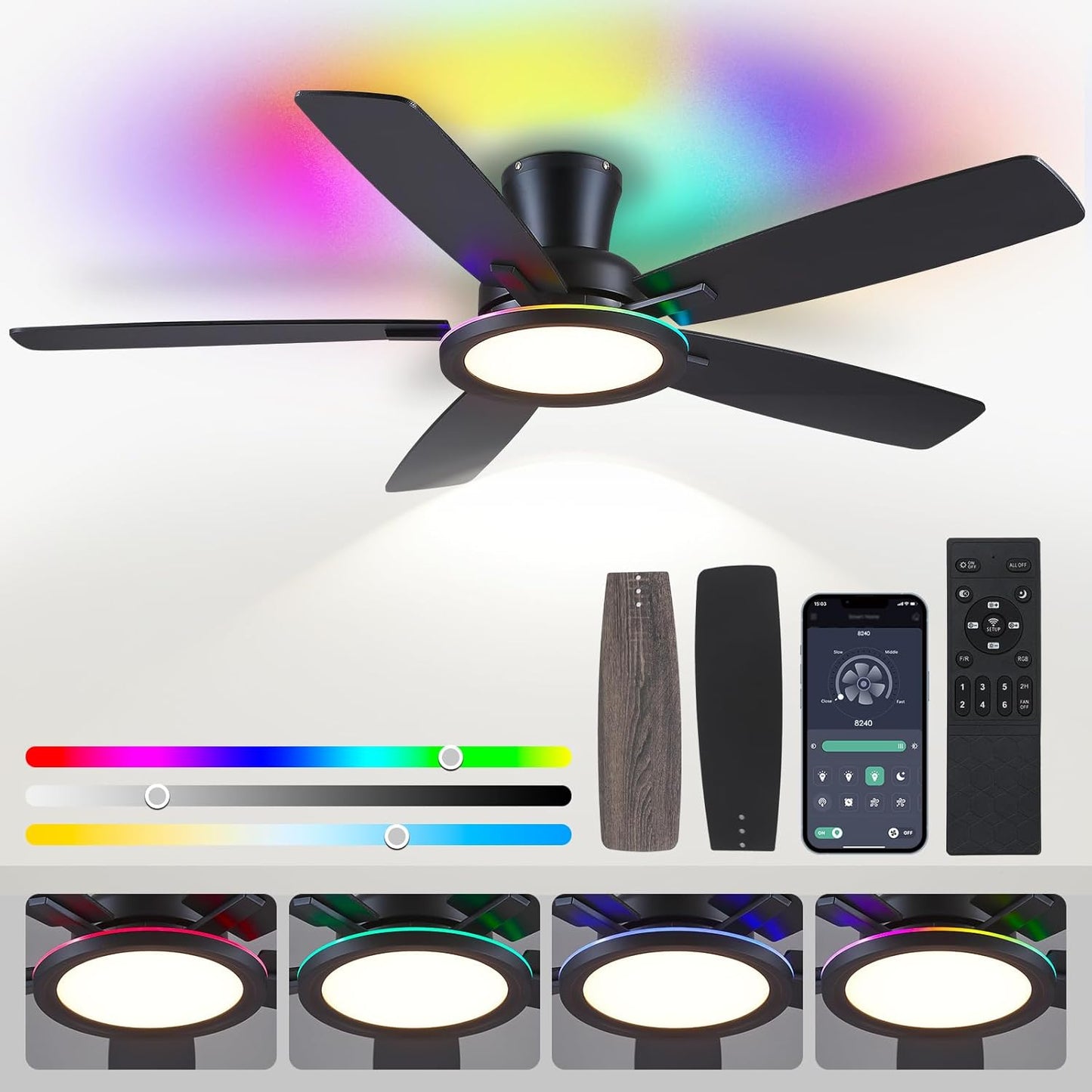 Flush Mount Ceiling Fan with RGB Light - 52In Black Fan