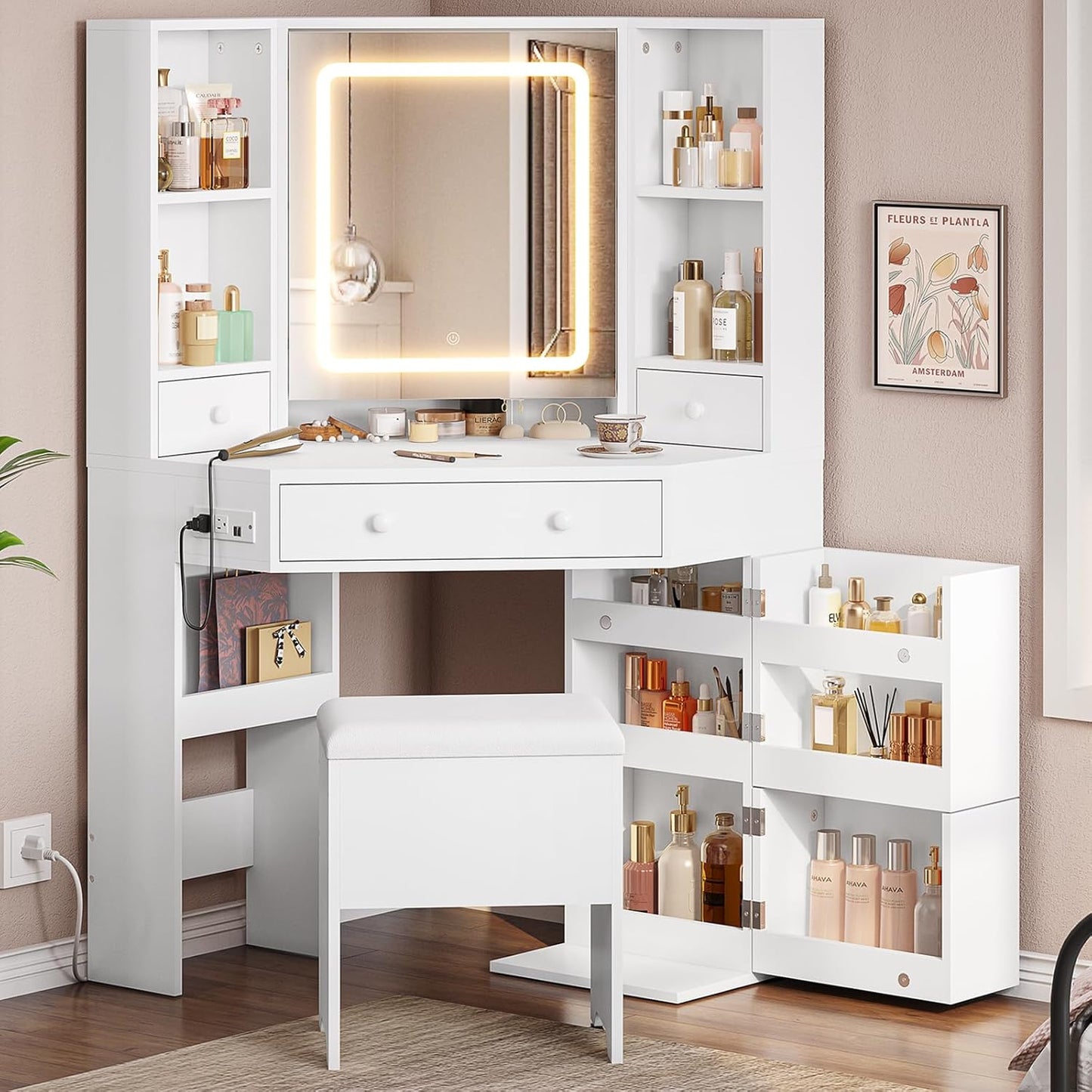Rotating Corner Vanity Desk with Lights & Storage - Efficient Glam Station