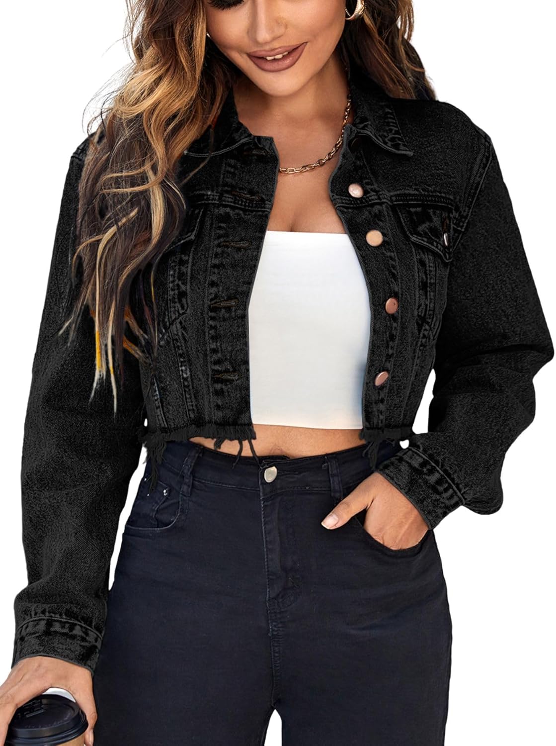 Cropped Denim Jean Jacket for Women with Raw Hem and Pockets