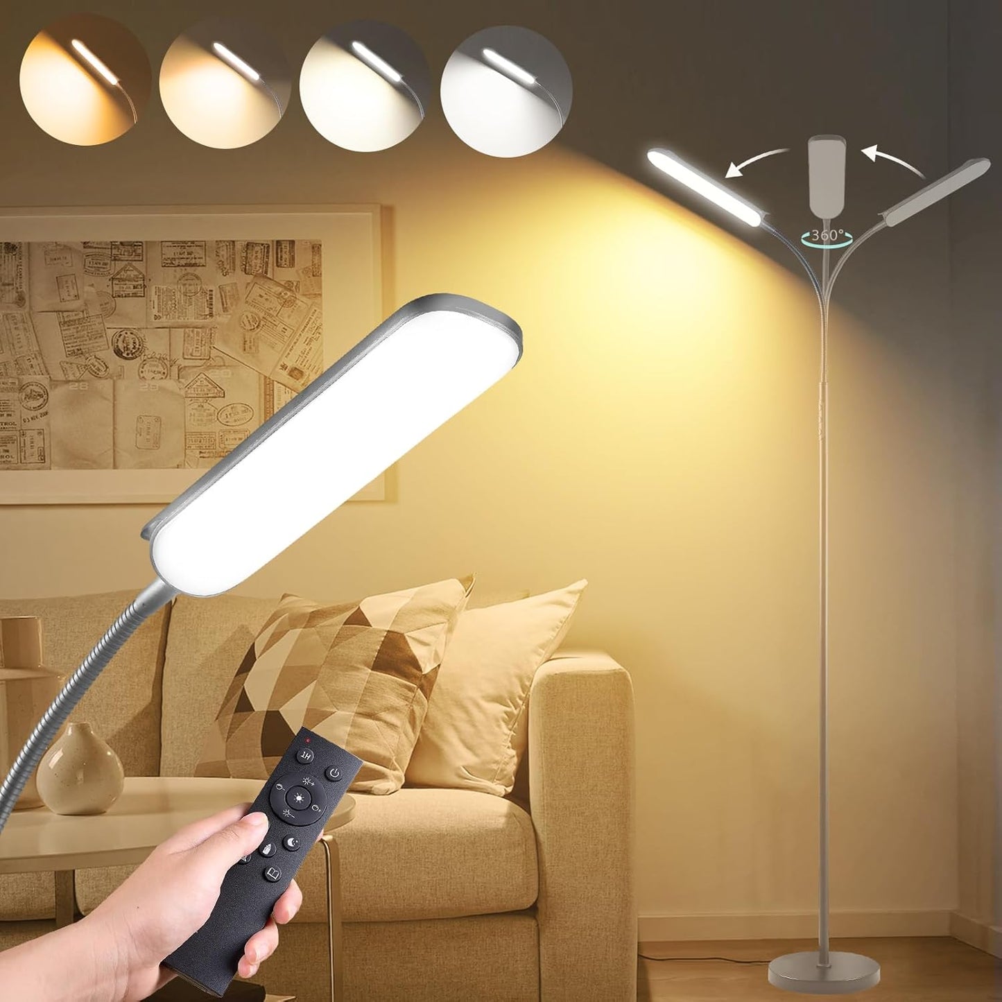 Bright Grey LED Floor Lamp with Remote for Modern Living Spaces