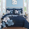 Navy Blue Floral Comforter Set Twin Size - Soft Microfiber 5-Piece