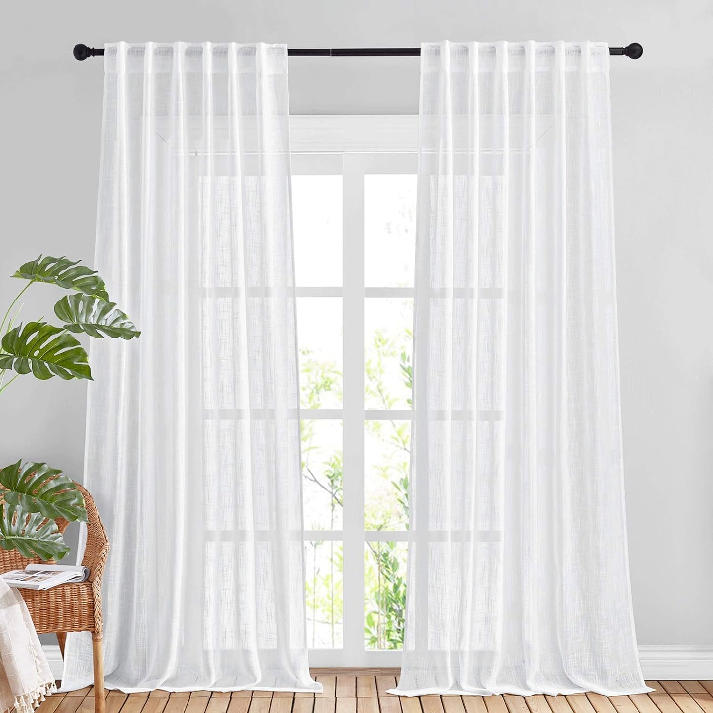NICETOWN White Linen Sheer Curtains for Living Room 120 in Long
