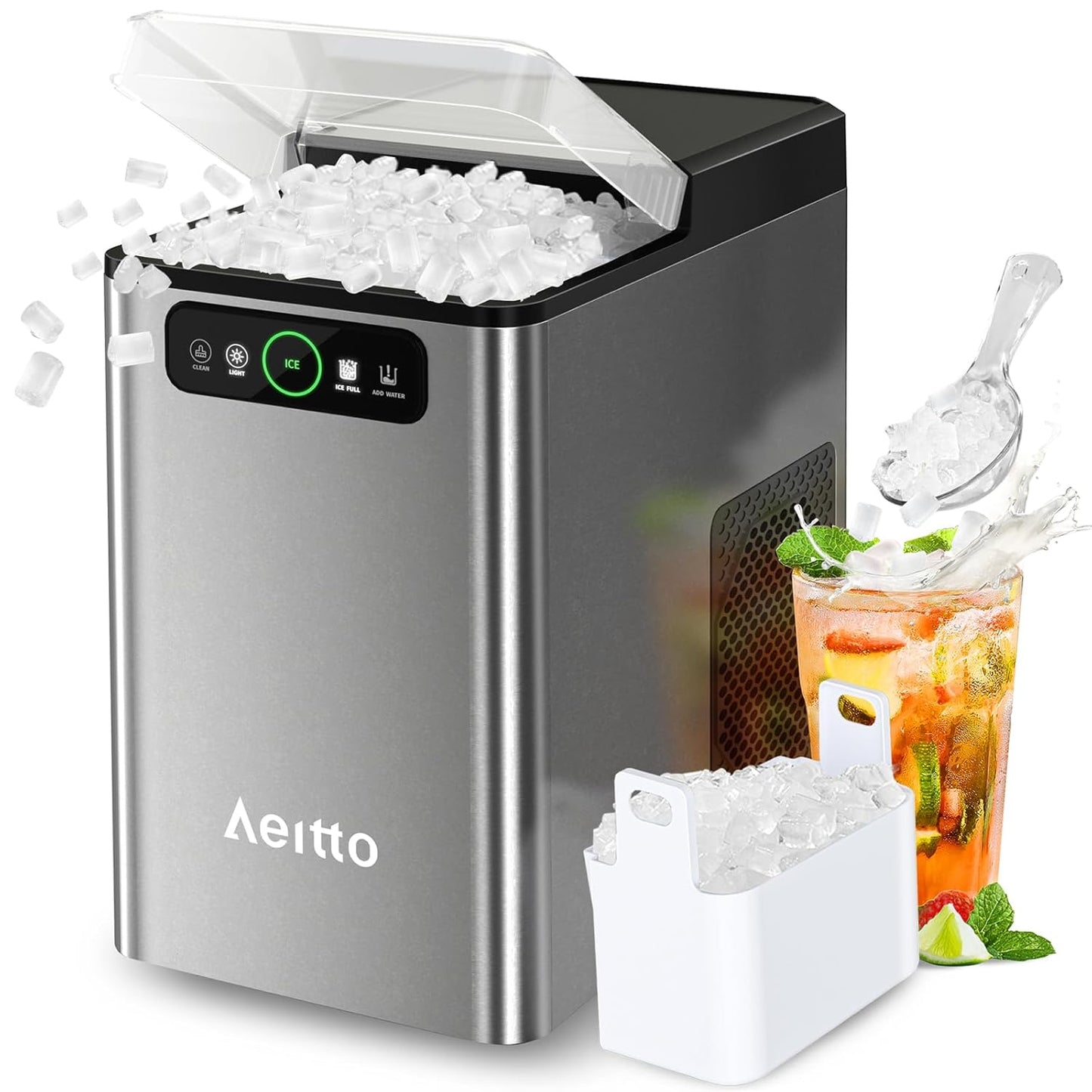 Aeitto Nugget Ice Maker: 40Lbs/24H, Chewable Pebble Ice, One-Click Operation