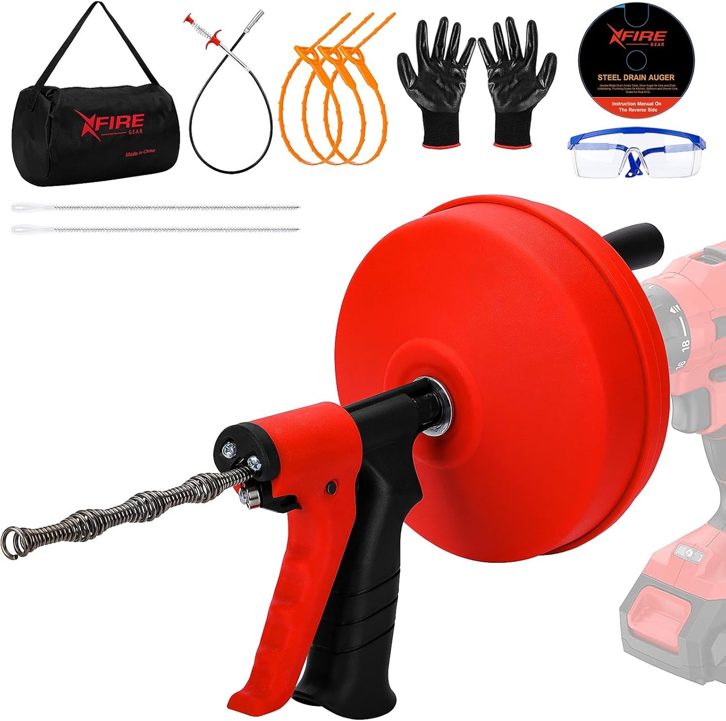 50 FT Double Mode Drain Snake Tools for Unblocking Drains