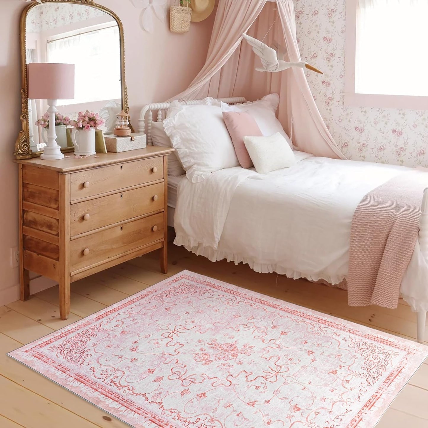 Pink Rug for Office Under Desk Rolling Chairs - 4x6 Floral Mat