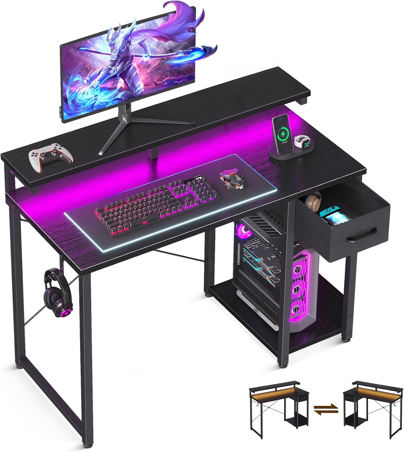 AODK Gaming Desk with LED Lights for Home and Bedroom Use
