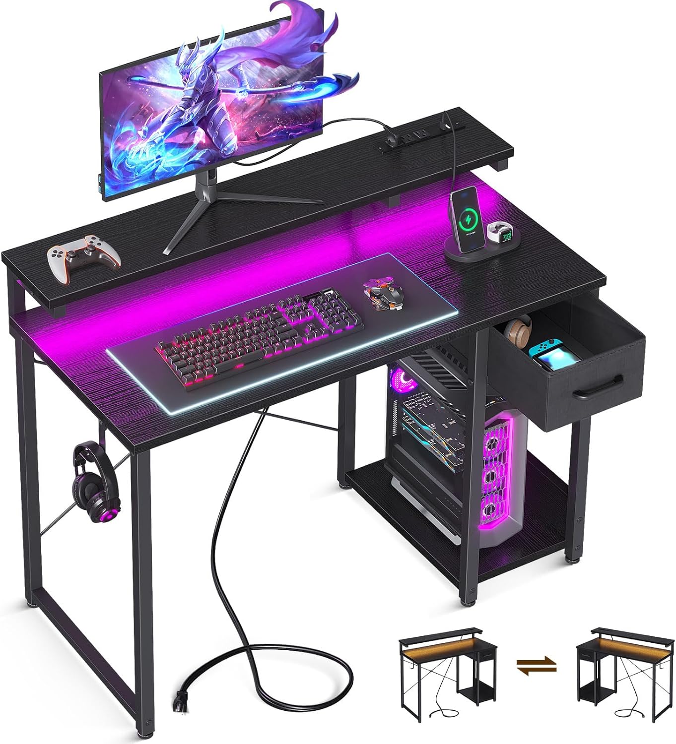 40 LED Gaming Desk + Drawer & Power Outlet