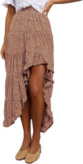 Women Boho High Low Maxi Skirt - Floral Print Elastic Waist