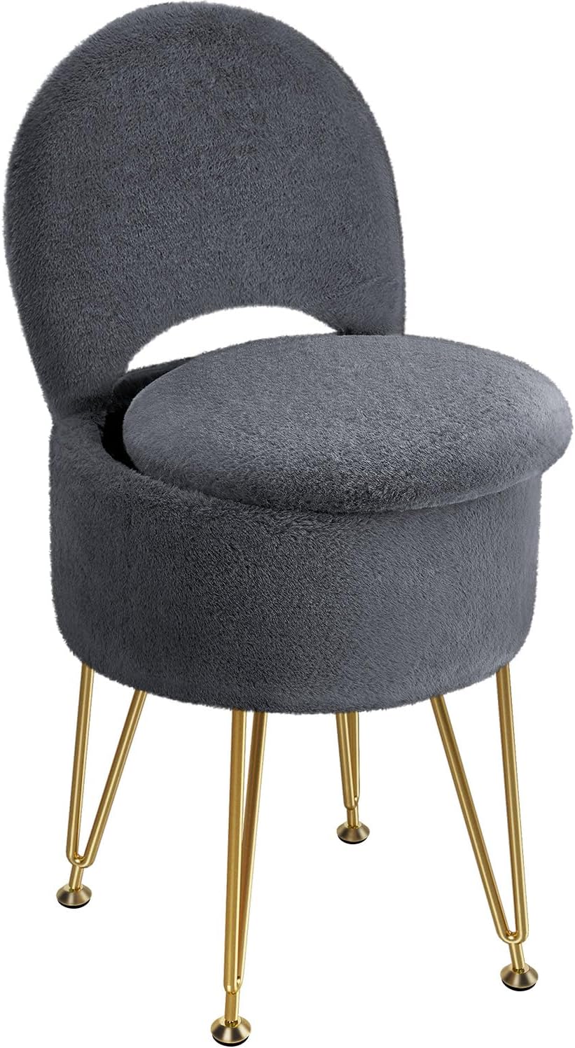 Faux Fur Vanity Stool Chair with Storage and Folding Backrest