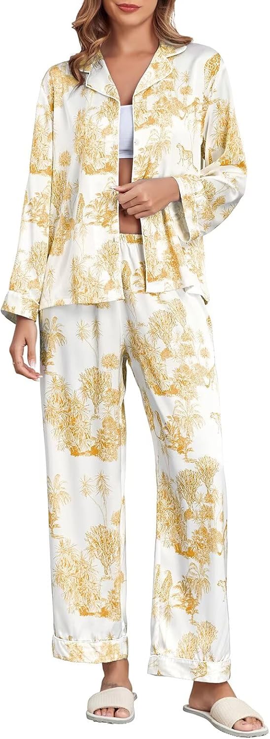 Luxurious Women's Silk Satin Pajamas Set with Lace Pattern
