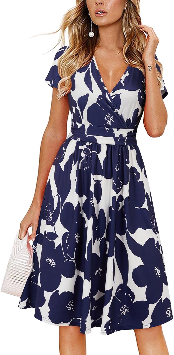 OUGES Women's Summer Short Sleeve V-Neck Floral Dress with Pockets