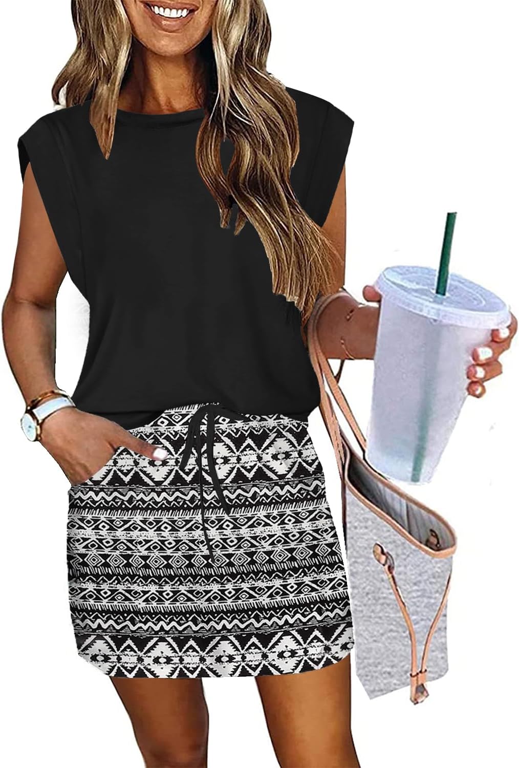ETCYY NEW Womens Cap Sleeve Summer Dress with Tie Front Style