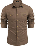 Men's Western Cowboy Long Sleeve Cotton Button Down Shirt - Classic be
