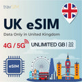 travSIM UK eSIM Unlimited Data Plan - 30 Days 4G/5G
