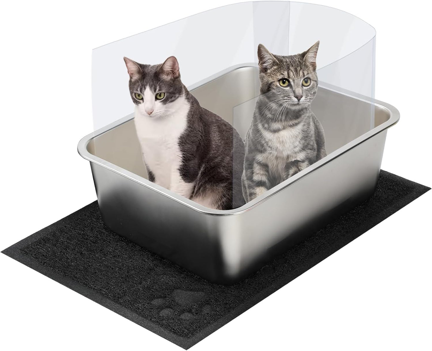 Stainless Steel Cat Litter Box Set with Splash Guard and Mat